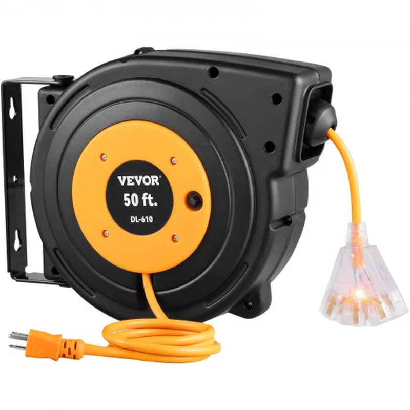 VEVOR 50Ft Retractable Extension Cord Reel 14AWG/3CSJTOW Power Cord Reel