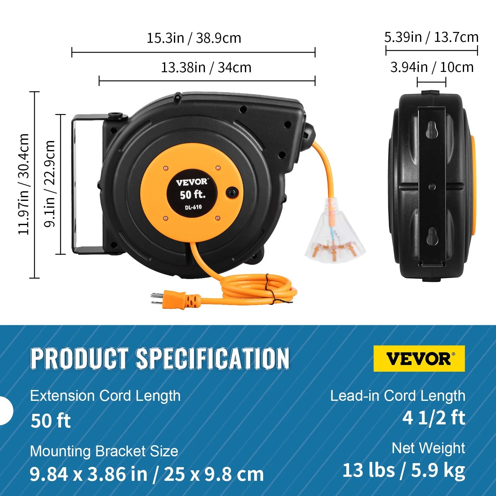 VEVOR 50Ft Retractable Extension Cord Reel 14AWG/3CSJTOW Power Cord Reel