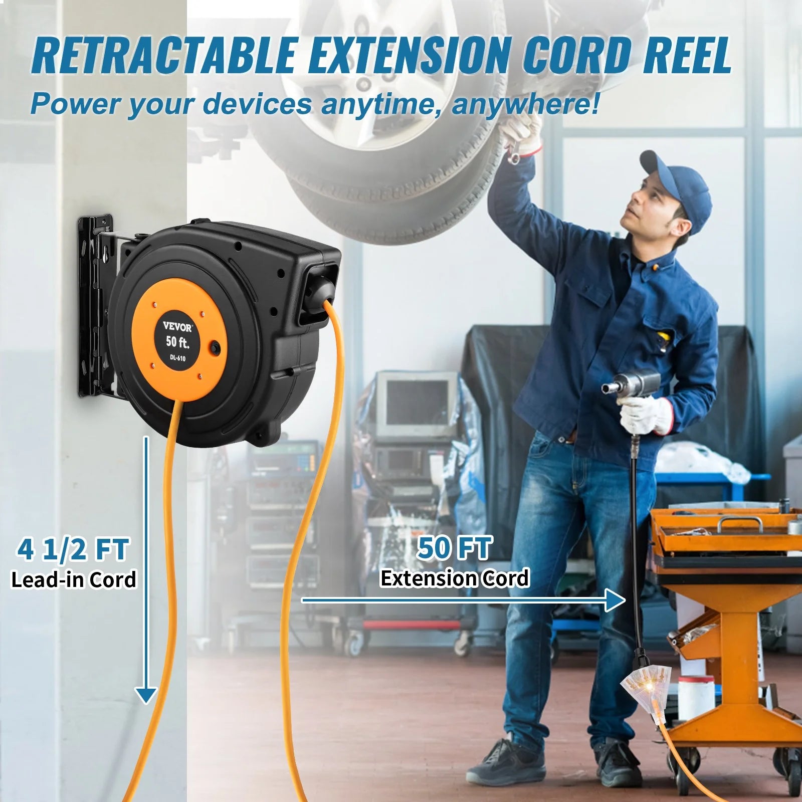 VEVOR 50Ft Retractable Extension Cord Reel 14AWG/3CSJTOW Power Cord Reel