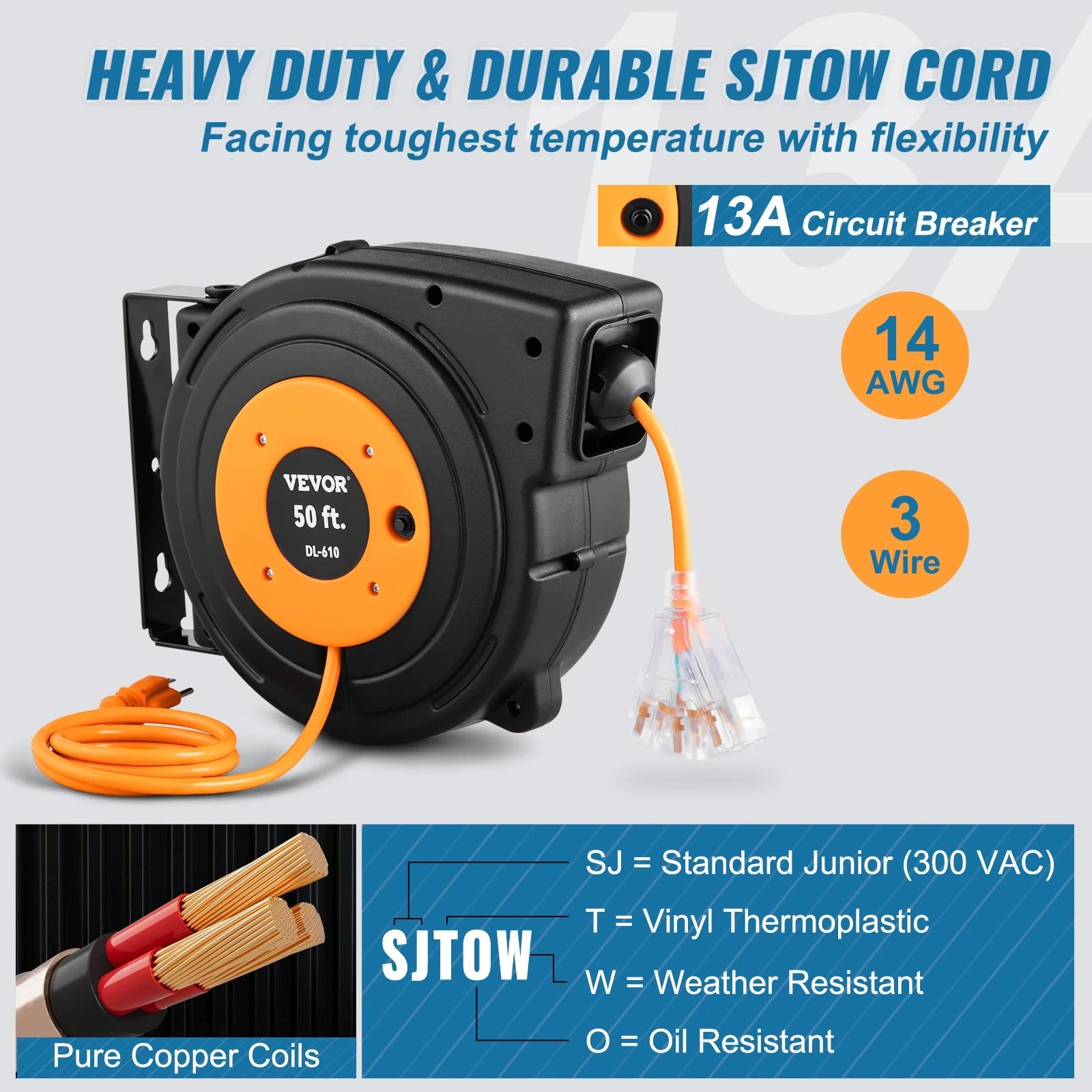 VEVOR 50Ft Retractable Extension Cord Reel 14AWG/3CSJTOW Power Cord Reel