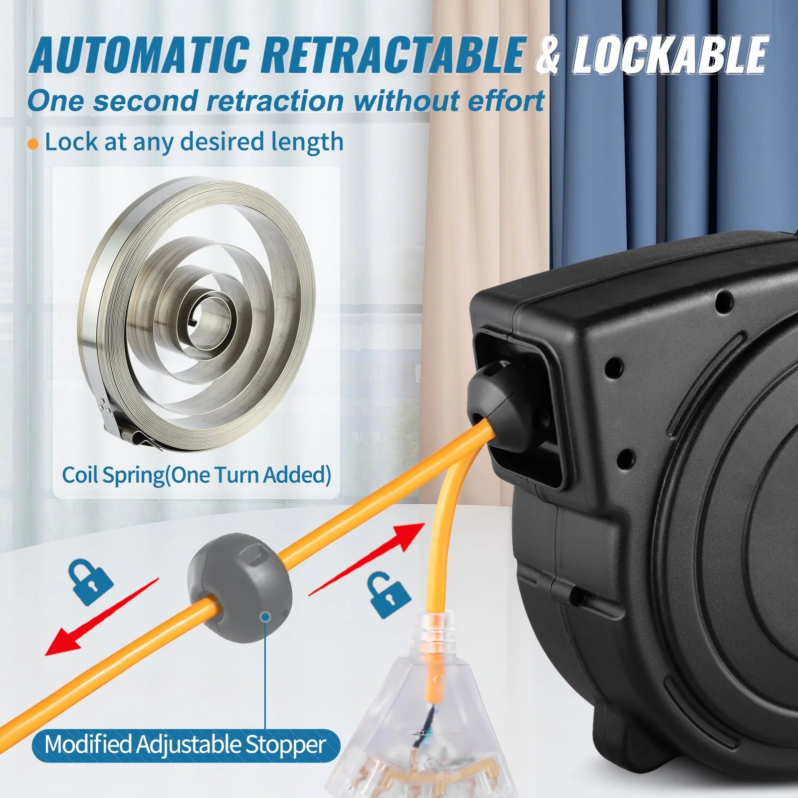 VEVOR 50Ft Retractable Extension Cord Reel 14AWG/3CSJTOW Power Cord Reel